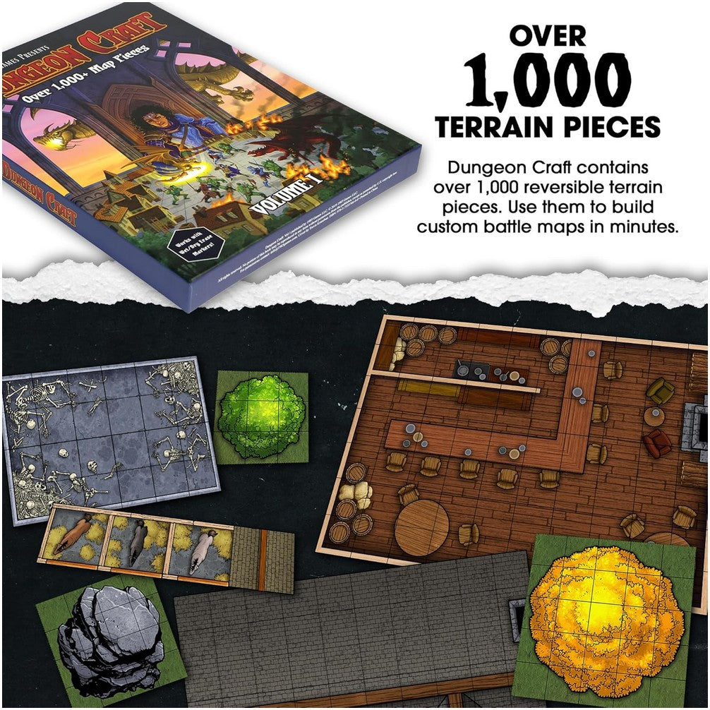 Dungeon Craft game box with various fantasy tabletop terrain pieces: dungeon floors, a tavern, trees, and rocks