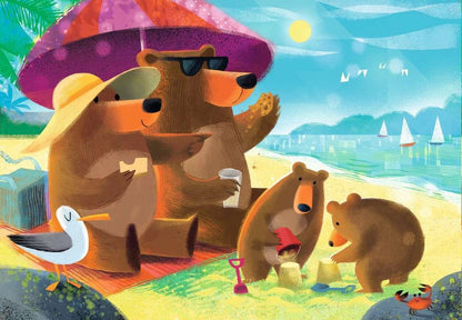 Textured illustration of four bears enjoying a sunny beach vacation, adults relax under an umbrella, cubs build sandcastles