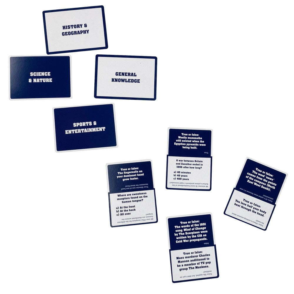 Scattered dark blue and white trivia game cards displaying categories (History, Science, Sports) and specific True/False questions