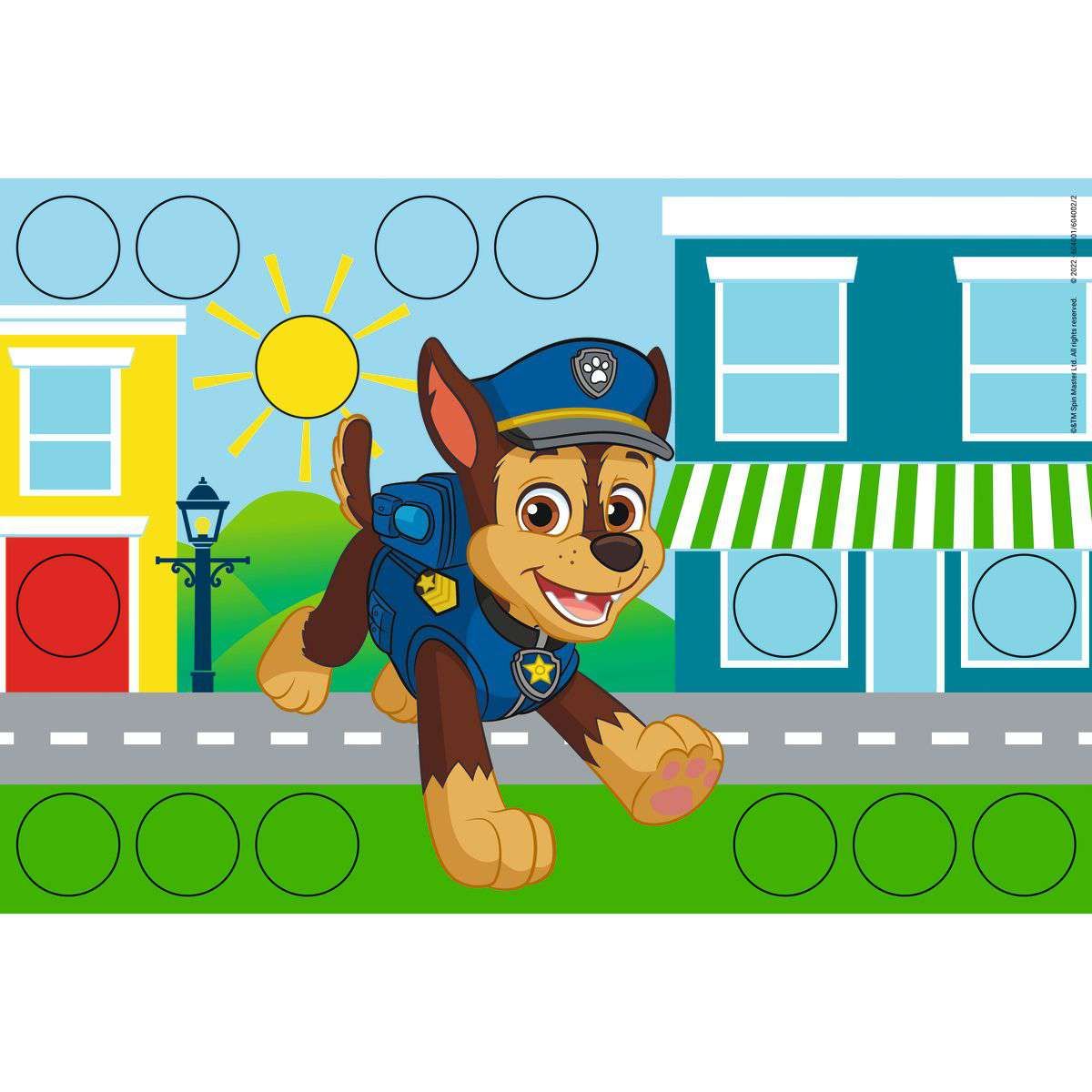 PAW Patrol Chase running in city street scene with buildings, sun, and multiple blank circles for sticker placement or colouring activity