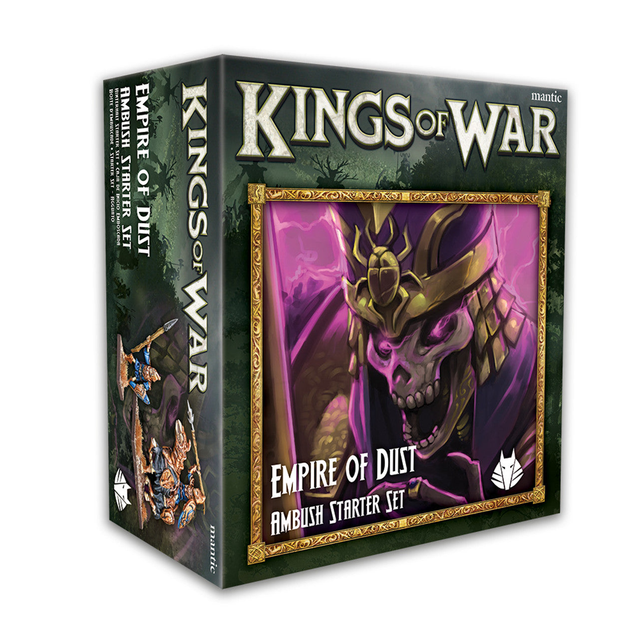 Kings of War: Empire of Dust Ambush Starter Set box featuring a skeletal mummy in gold armor
