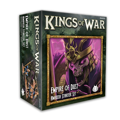 Kings of War: Empire of Dust Ambush Starter Set box featuring a skeletal mummy in gold armor
