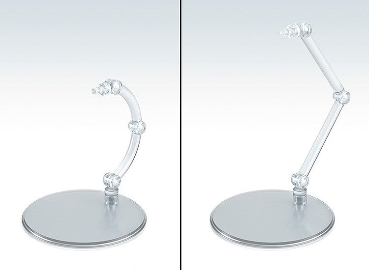 Clear articulated plastic display stand with circular base shown bent and extended
