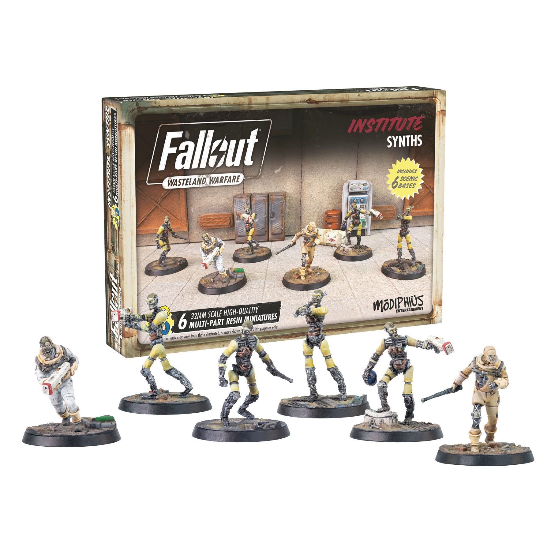 Fallout Wasteland Warfare: Institute Synths miniature set with six detailed, partially robotic figures posed in front of their box