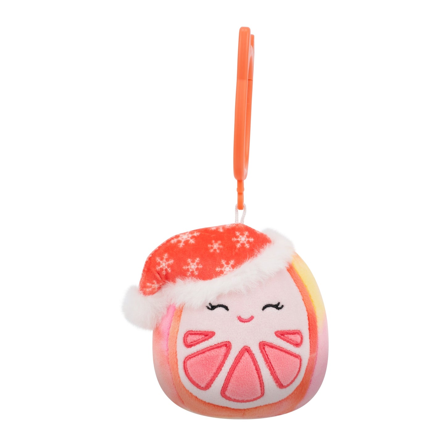 Grapefruit slice plush clip wearing a red Christmas Santa hat patterned with white snowflakes