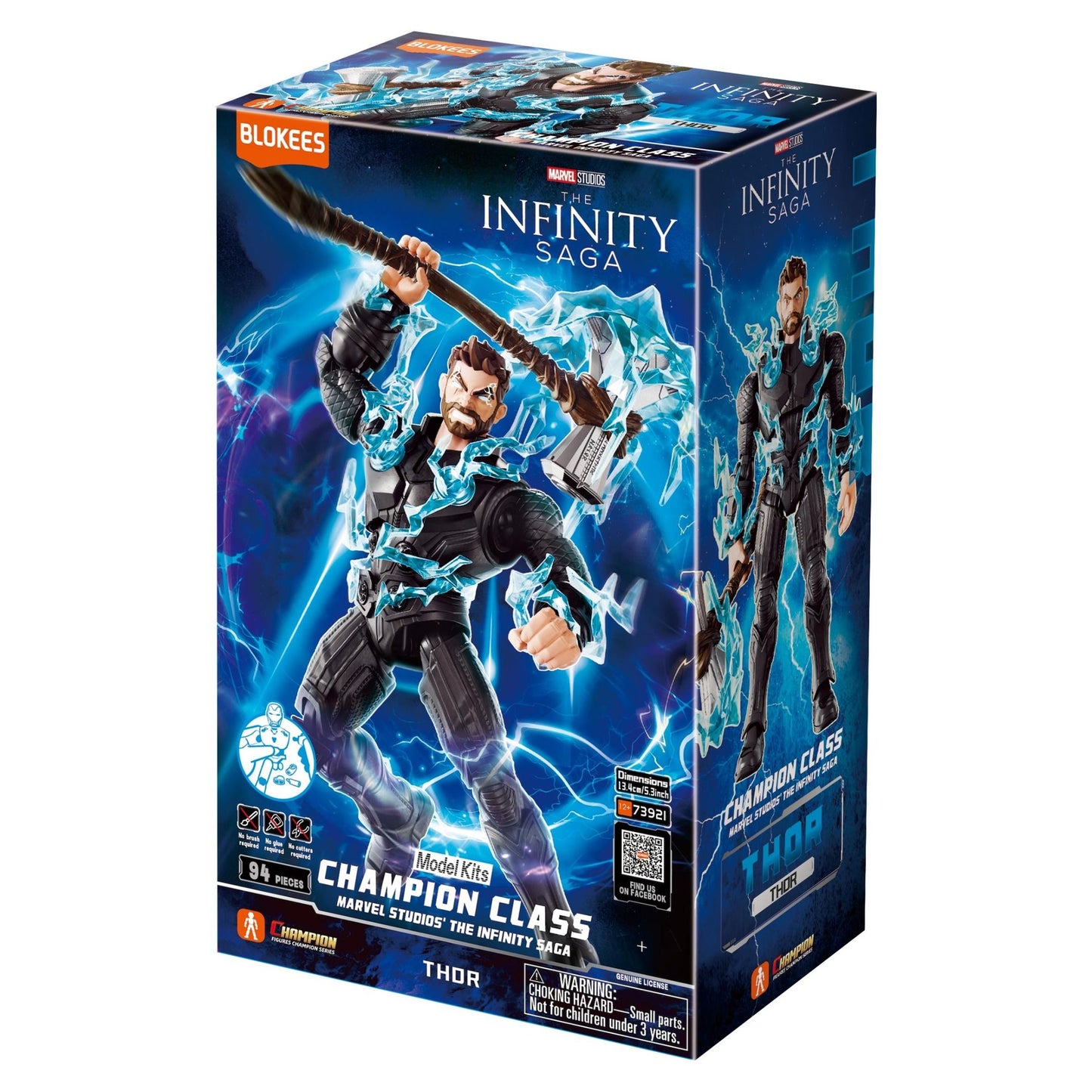 Model kit box showing Marvel's Champion Class Thor figure wielding Stormbreaker amidst blue lightning