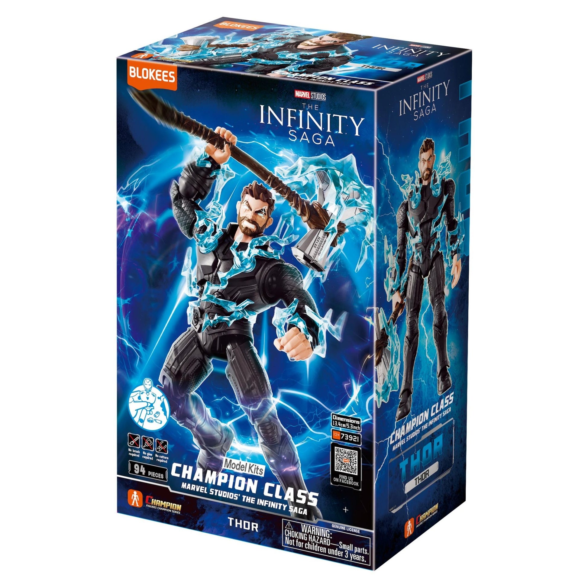 Model kit box showing Marvel's Champion Class Thor figure wielding Stormbreaker amidst blue lightning