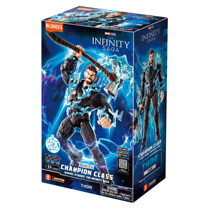 Model kit box showing Marvel's Champion Class Thor figure wielding Stormbreaker amidst blue lightning