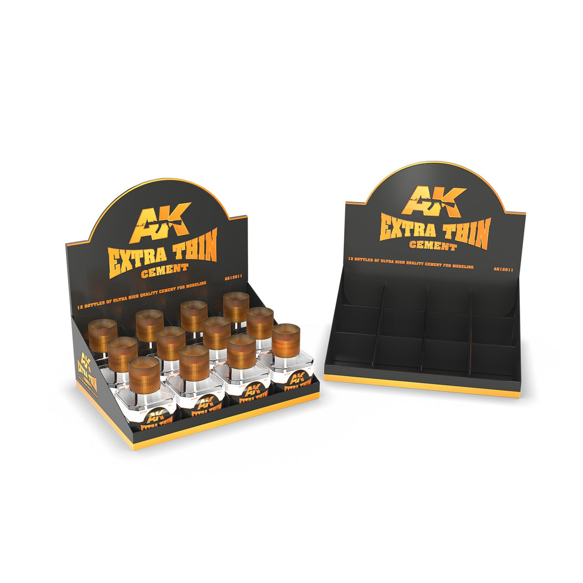 AK Interactive Extra Thin Cement: One black display unit with 12 bottles, and an identical empty unit. Used for modeling