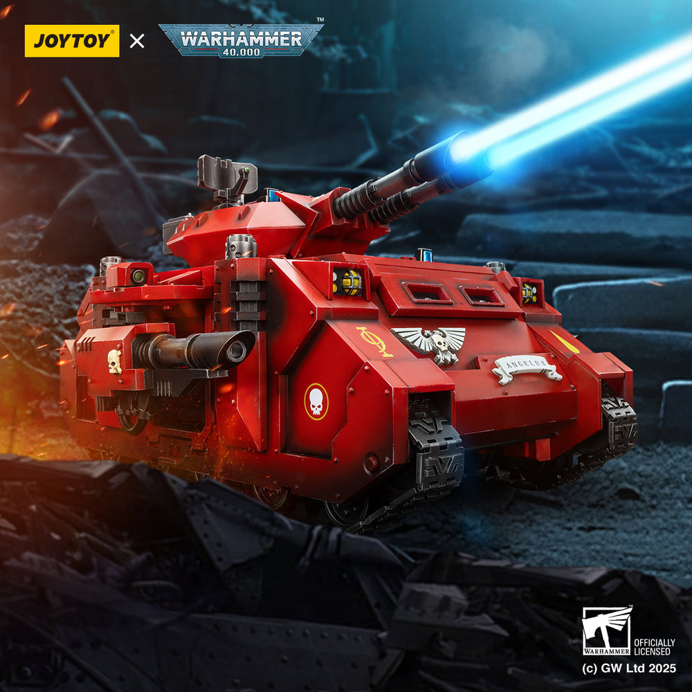 Red Warhammer 40K Space Marine tank (JoyToy) firing a blue energy beam over rubble