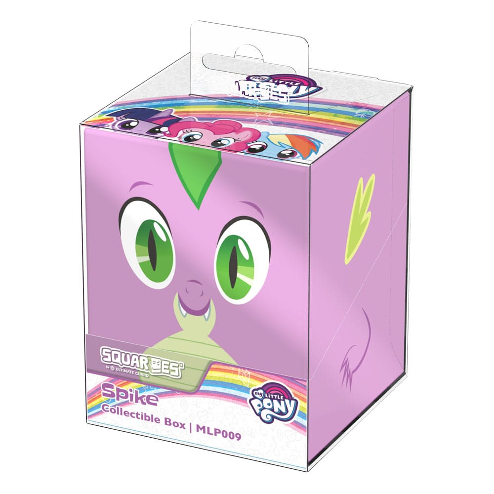 A purple My Little Pony Squaroes box with Spike's green-eyed face on the front, and pony characters with a rainbow on the top