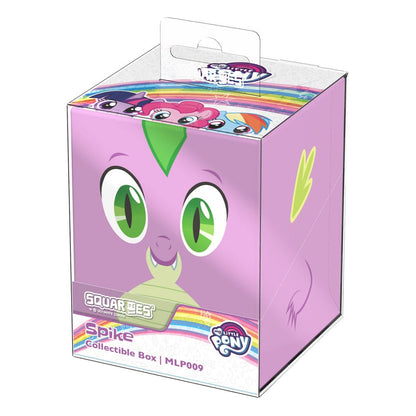 A purple My Little Pony Squaroes box with Spike's green-eyed face on the front, and pony characters with a rainbow on the top