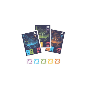 Three colourful, dark-themed board game contract cards ("The Veil" & "Traders Peril") and five coloured logos