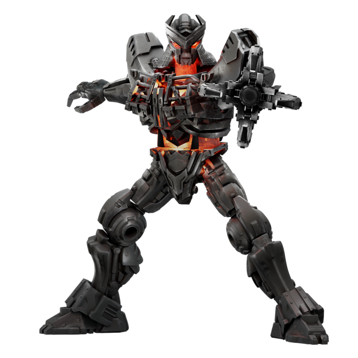 Dark gray metallic robot action figure with glowing orange internal components and menacing red eyes