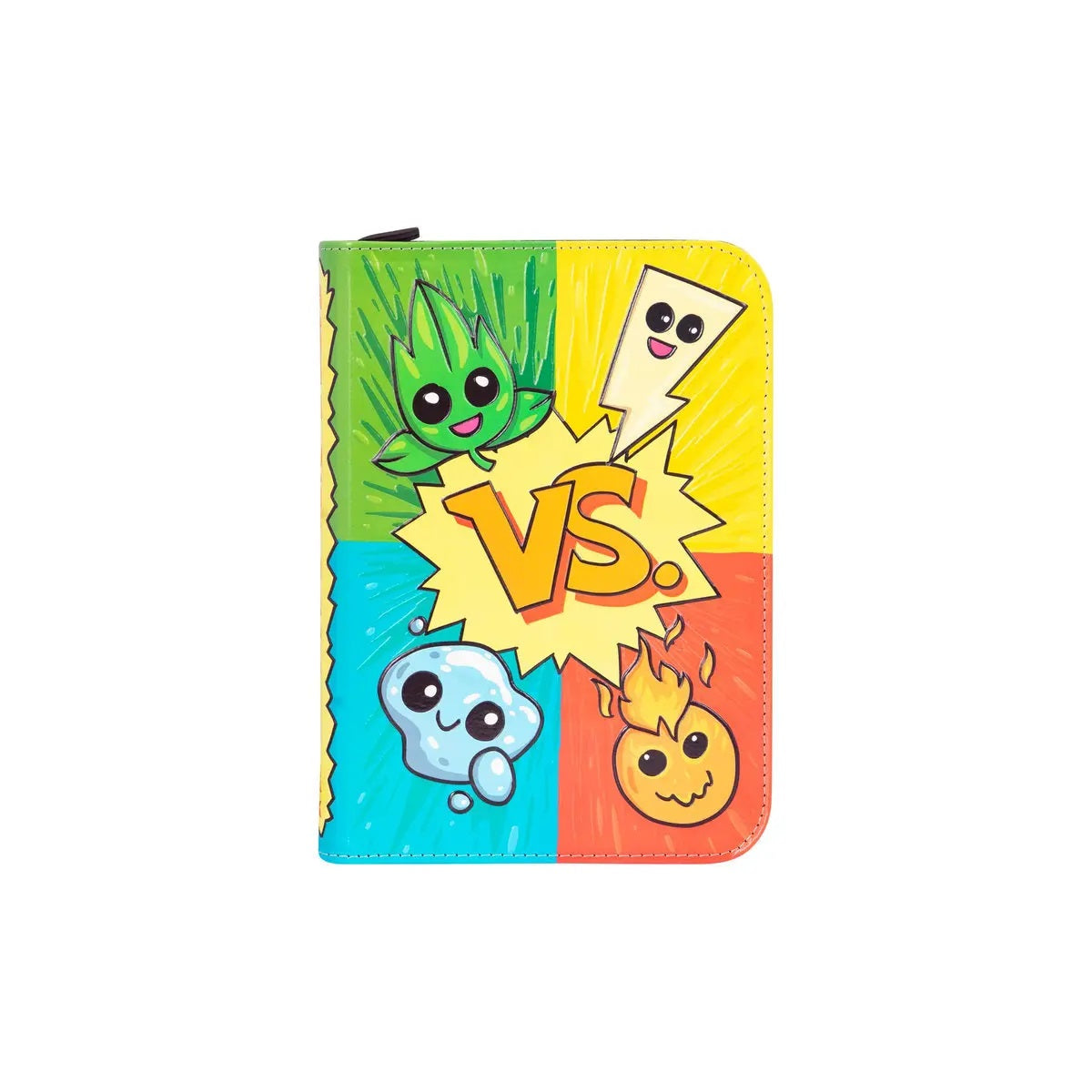 Cartoon elemental characters (leaf, lightning, water, fire) on a colourful binder cover with a yellow "VS," burst in the center
