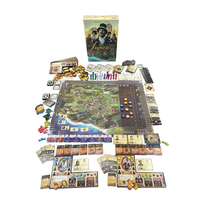 The board game "Legacies" laid out with its box, detailed game board, cards, and various components