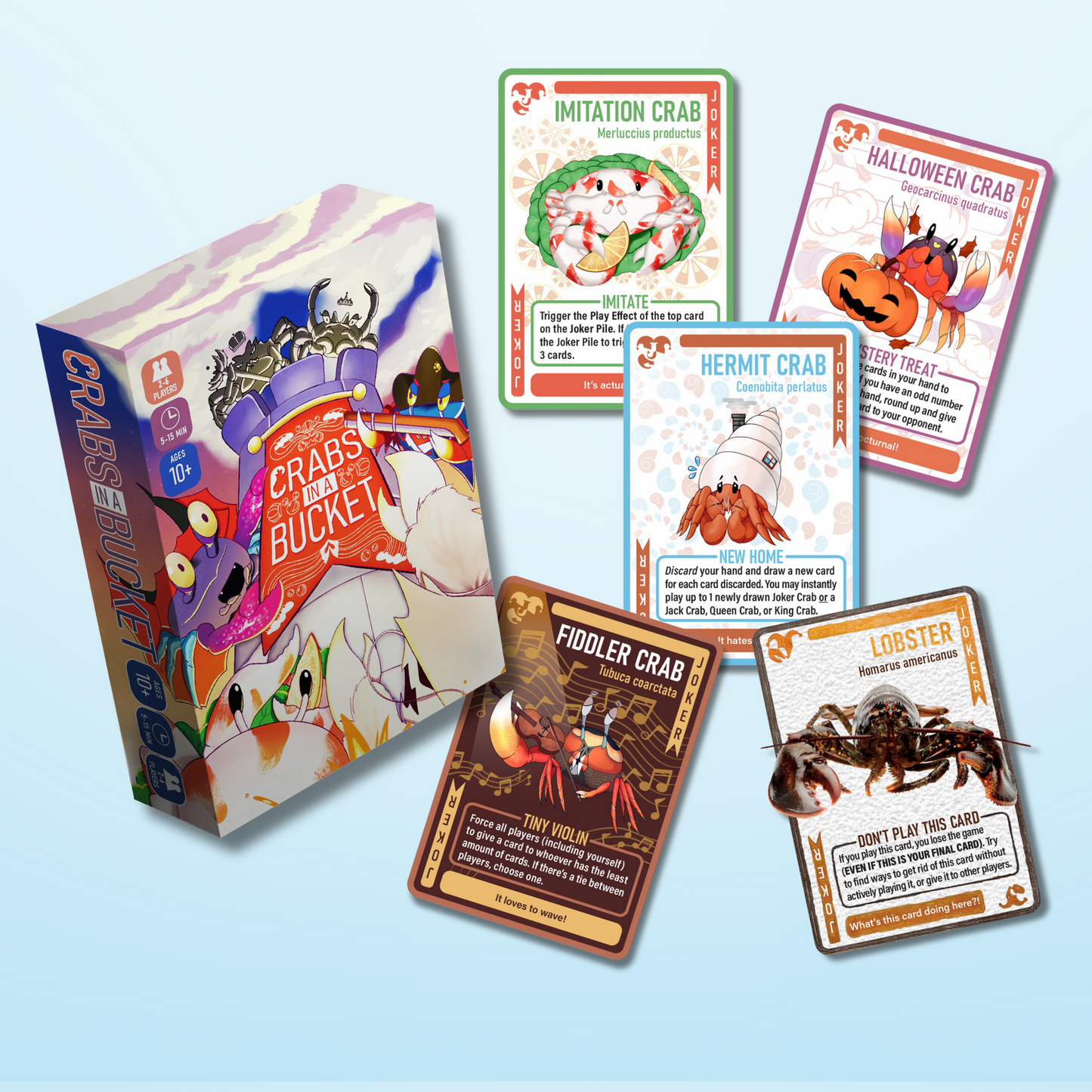 Crabs in a Bucket board game box is displayed with multiple colorful game cards featuring various crab species