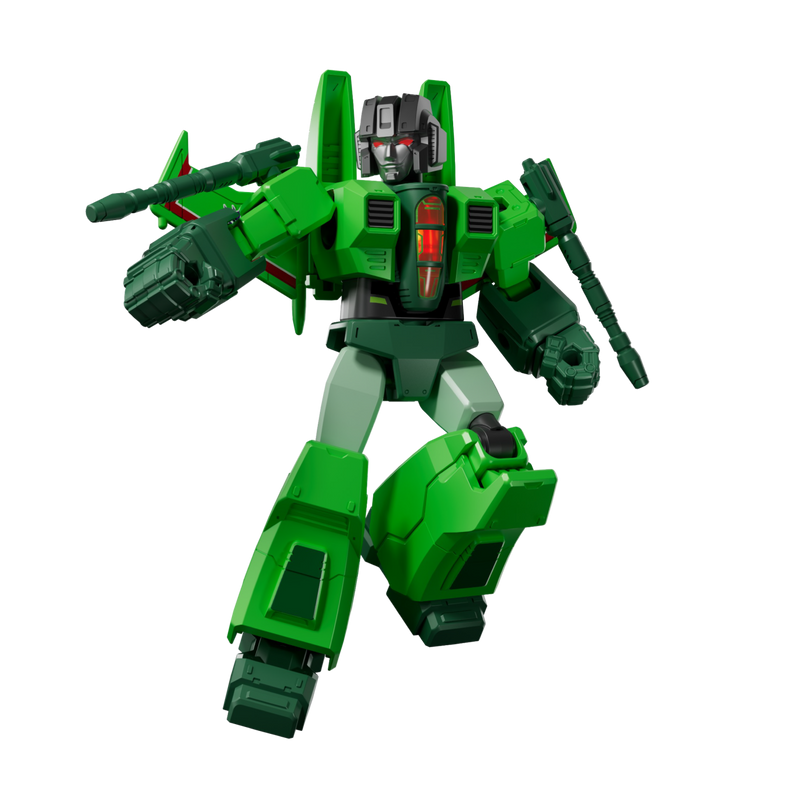 Green Transformer action figure in robot mode posing with outstretched arms and hand cannons