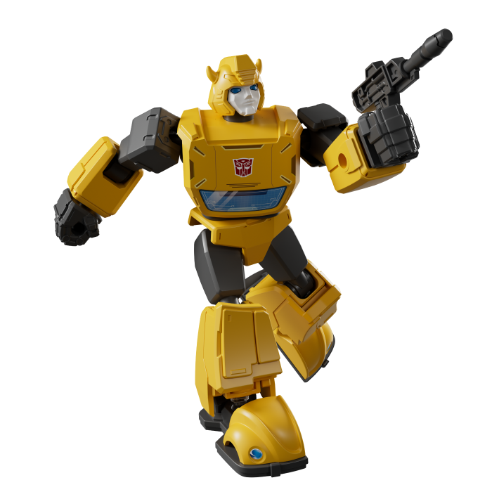 Bright yellow Transformers G1 Bumblebee action figure holding a black blaster rifle