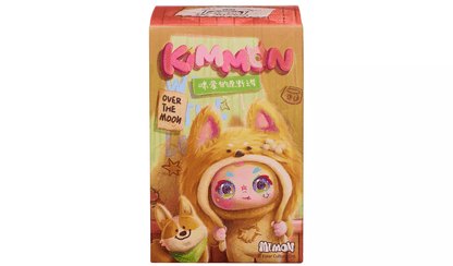 KIMMON blind box art: Character in a fuzzy dog costume next to a Corgi, featuring large, colourful, iridescent eyes