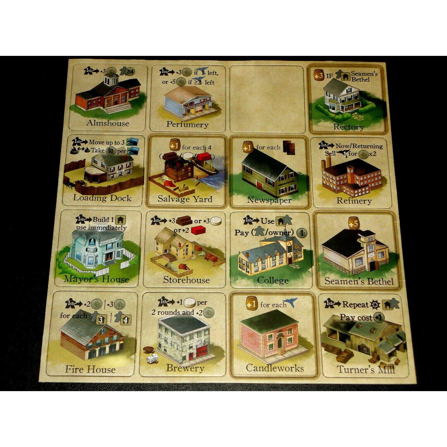 A 4x4 grid of board game building tiles, each depicting a unique structure like a Brewery or Refinery, with game symbols and text