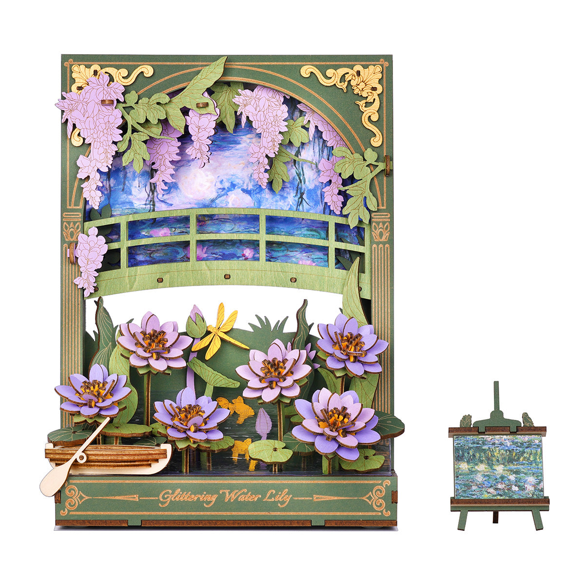 Detailed wooden 3D model featuring purple water lilies, wisteria, and a green bridge over a painted pond