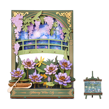 Detailed wooden 3D model featuring purple water lilies, wisteria, and a green bridge over a painted pond