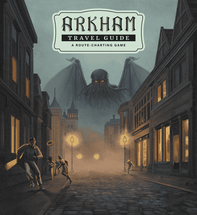 Arkham Travel Guide game cover. Cthulhu monster looms over a dark, foggy city street as people run in panic