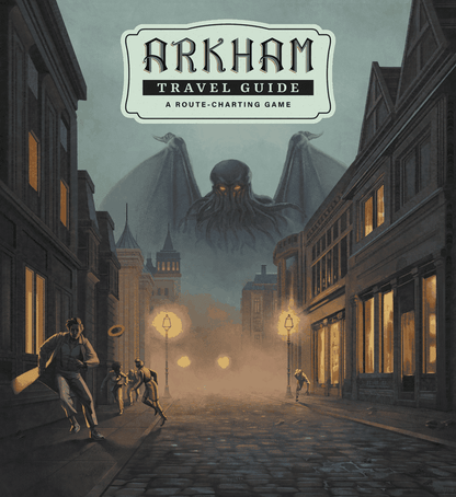 Arkham Travel Guide game cover. Cthulhu monster looms over a dark, foggy city street as people run in panic