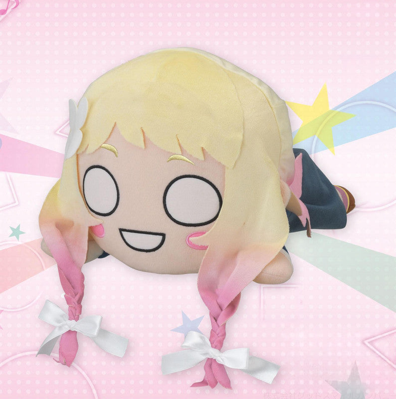 Love Live Superstar Nesoberi Lay Down MEJ Plush of Natsumi Onitsuka with blonde hair and pink braided pigtails tied with white ribbons