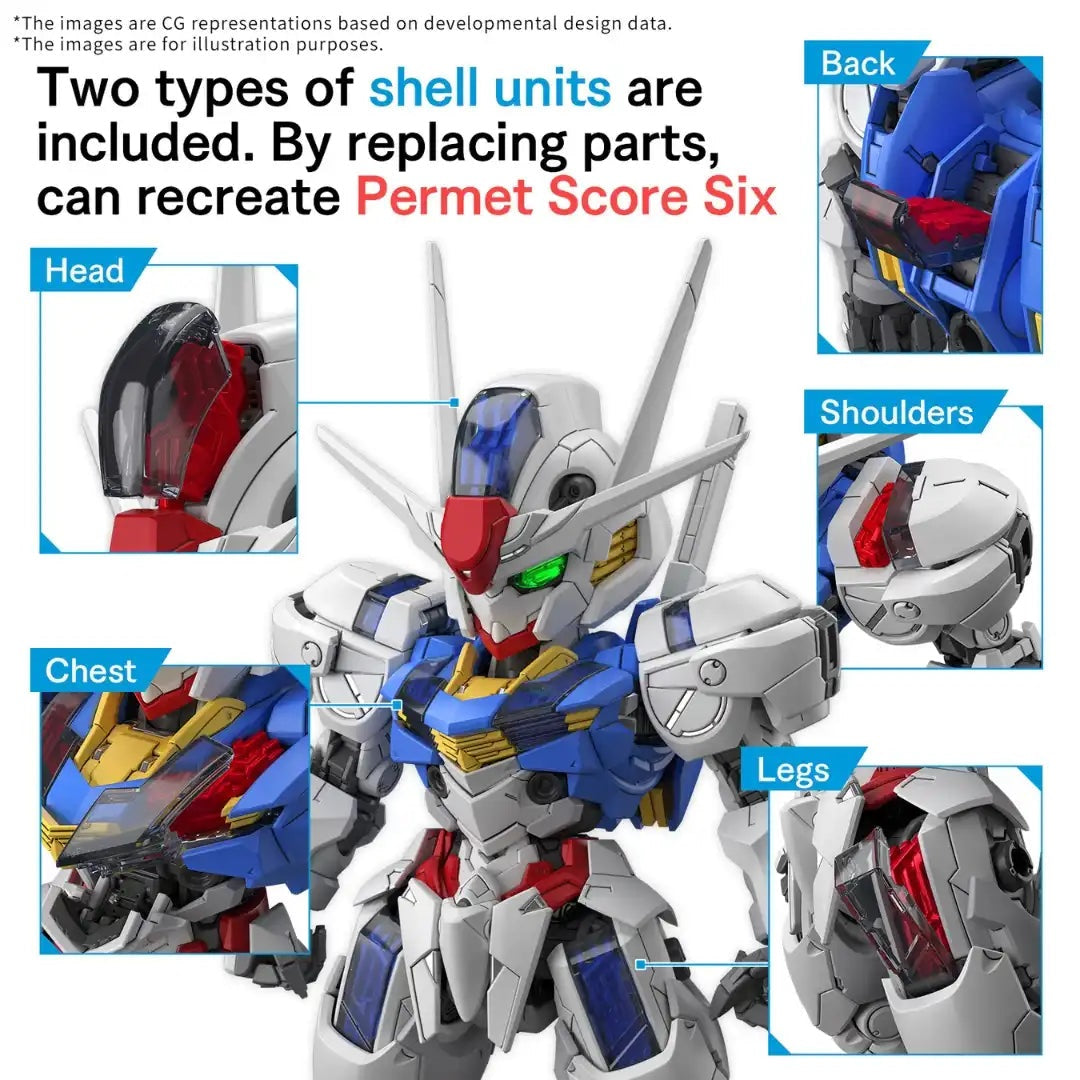 Detailed Mobile Suit model showcasing replacement Permet Score parts on the head, chest, back, and limbs