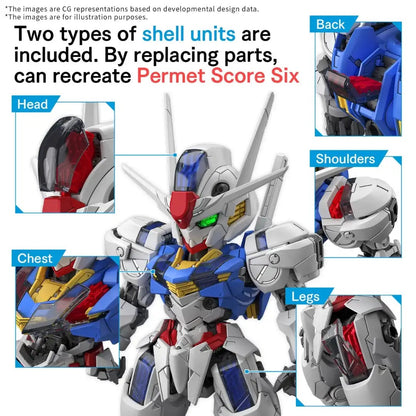 Detailed Mobile Suit model showcasing replacement Permet Score parts on the head, chest, back, and limbs