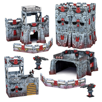 A collection of grey and red modular sci-fi terrain pieces: towers, walls, buildings, and turrets