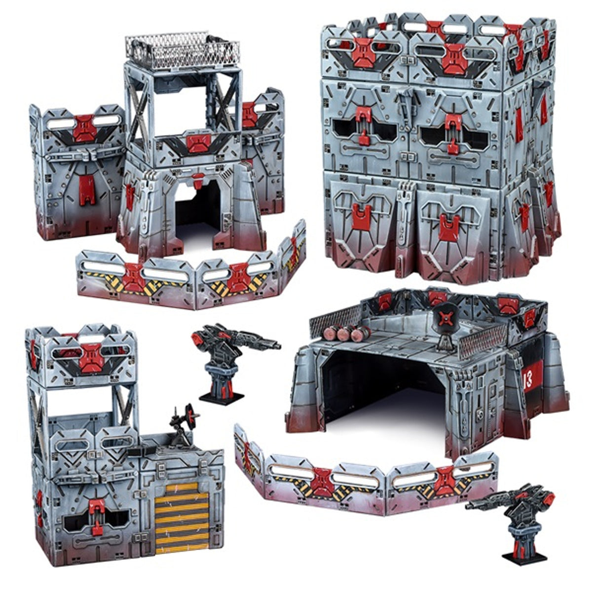 A collection of grey and red modular sci-fi terrain pieces: towers, walls, buildings, and turrets
