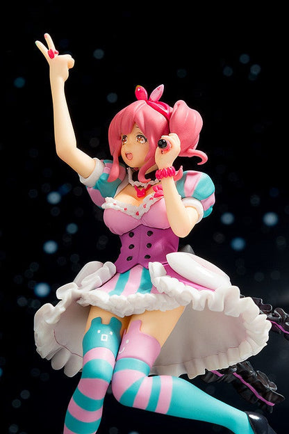 Pink and teal anime figure with striped stockings and pigtails reaching hand up