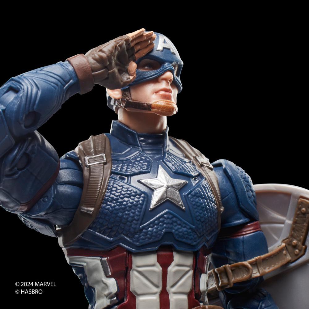 A Captain America action figure, in his blue, red, and white suit with a chest star, salutes with his gloved hand