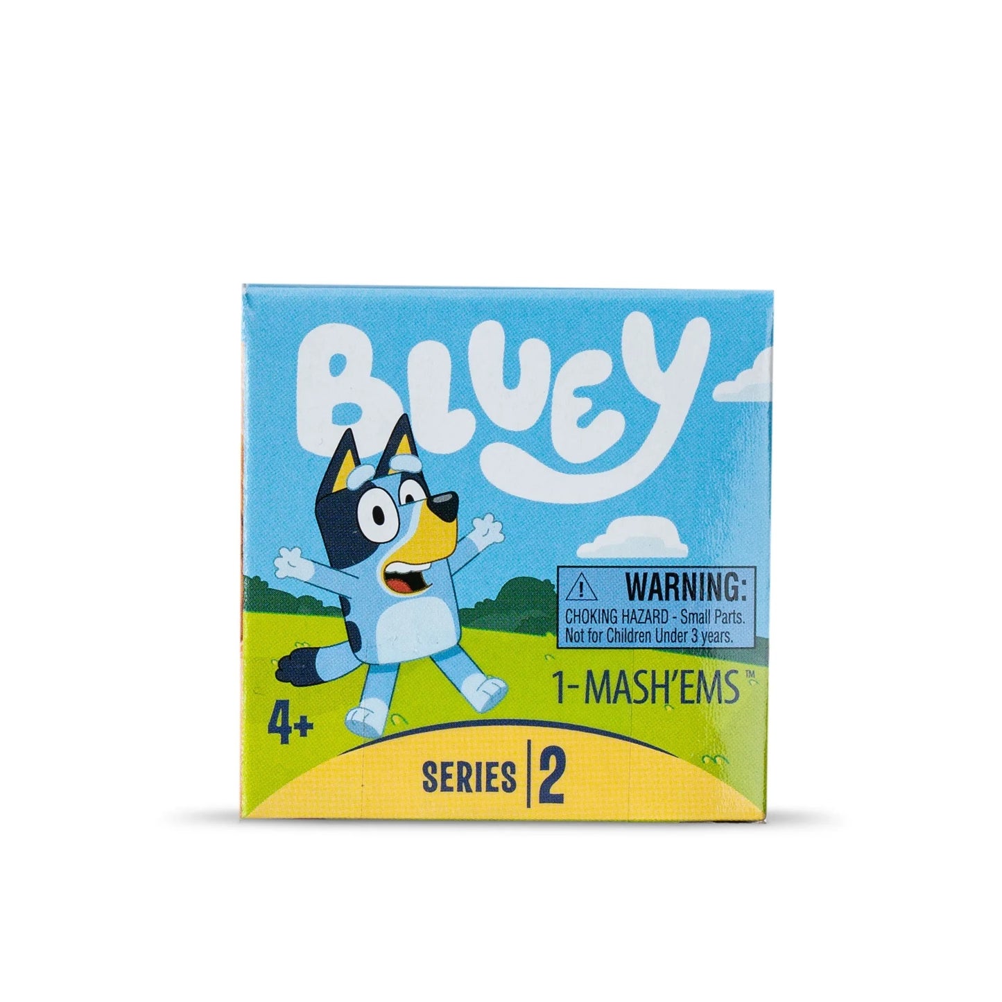 Bluey Mash'ems Series 2 blind box packaging, featuring the excited blue dog character, Bluey