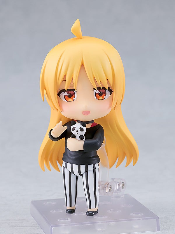 Bocchi the rock seika ijichi nendoroid figure in black sweater and striped pants holding panda
