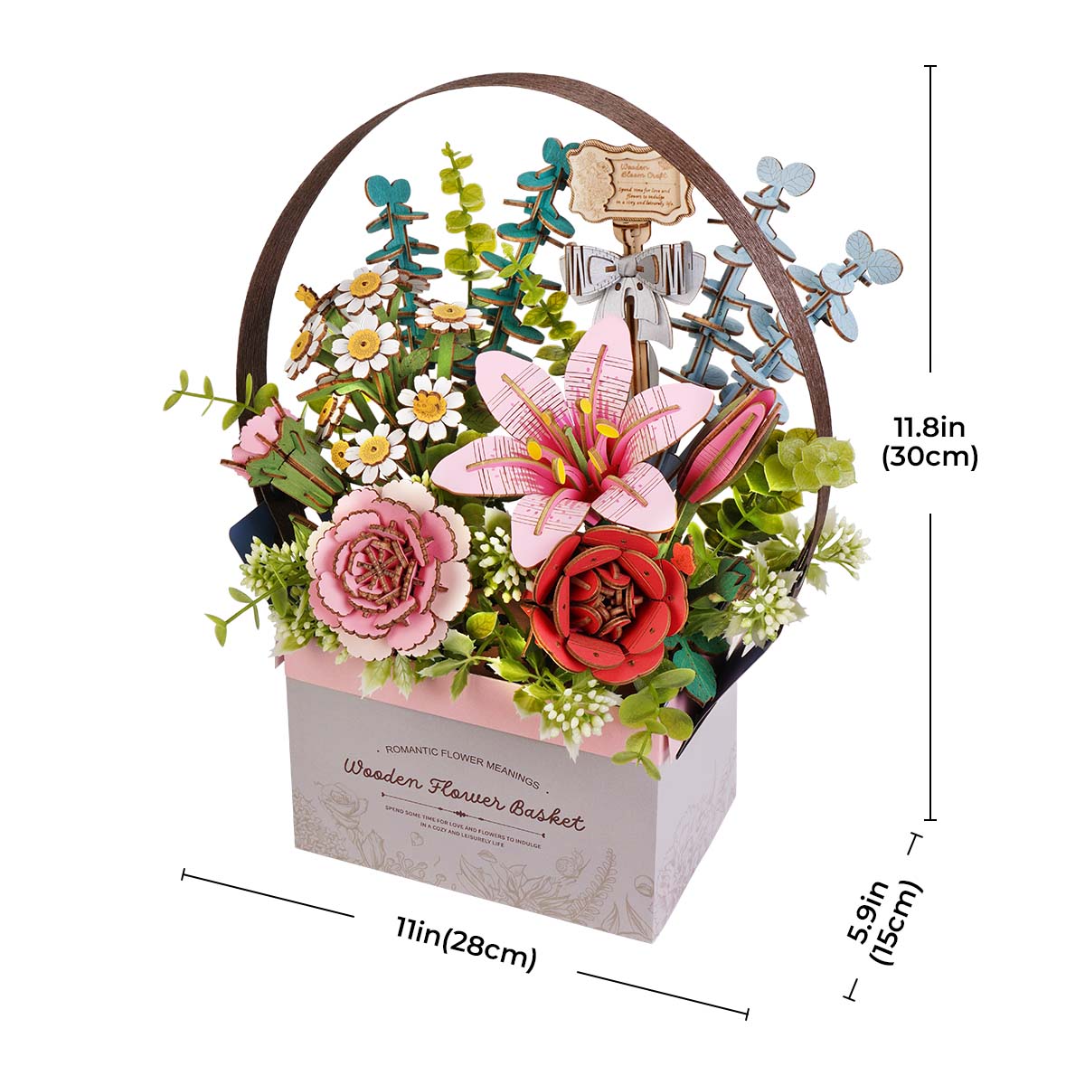 Robotime Wooden Bloom Flower Basket Diy puzzle isometric view with dimensions