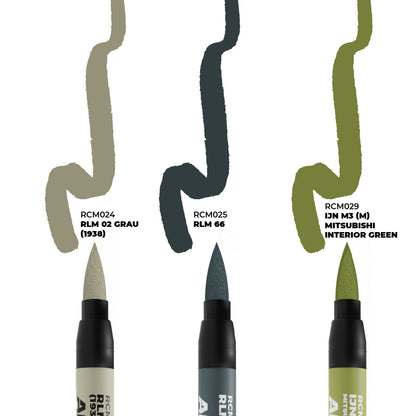 Three brush pens create tan, dark gray, and olive green swatches with RLM and Mitsubishi paint names