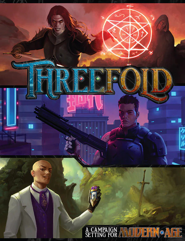 Cover art for Threefold features a mage casting, a futuristic soldier and a modern agent with an artifact