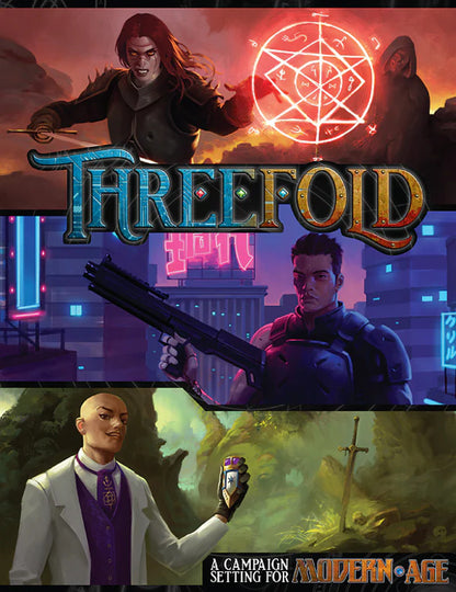 Cover art for Threefold features a mage casting, a futuristic soldier and a modern agent with an artifact