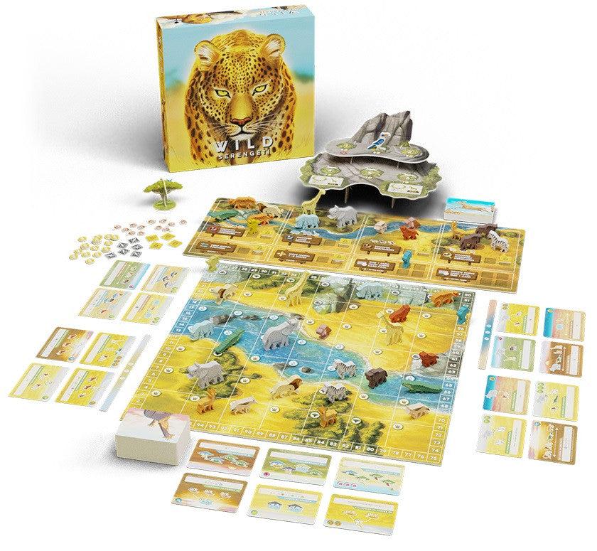 Board game &quot;Wild Serengeti&quot; set up with animal figurines and cards
