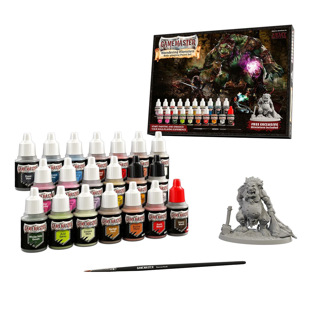 GameMaster Wandering Monsters RPG paint set: box, 24 paints, paintbrush, and unpainted monster miniature.