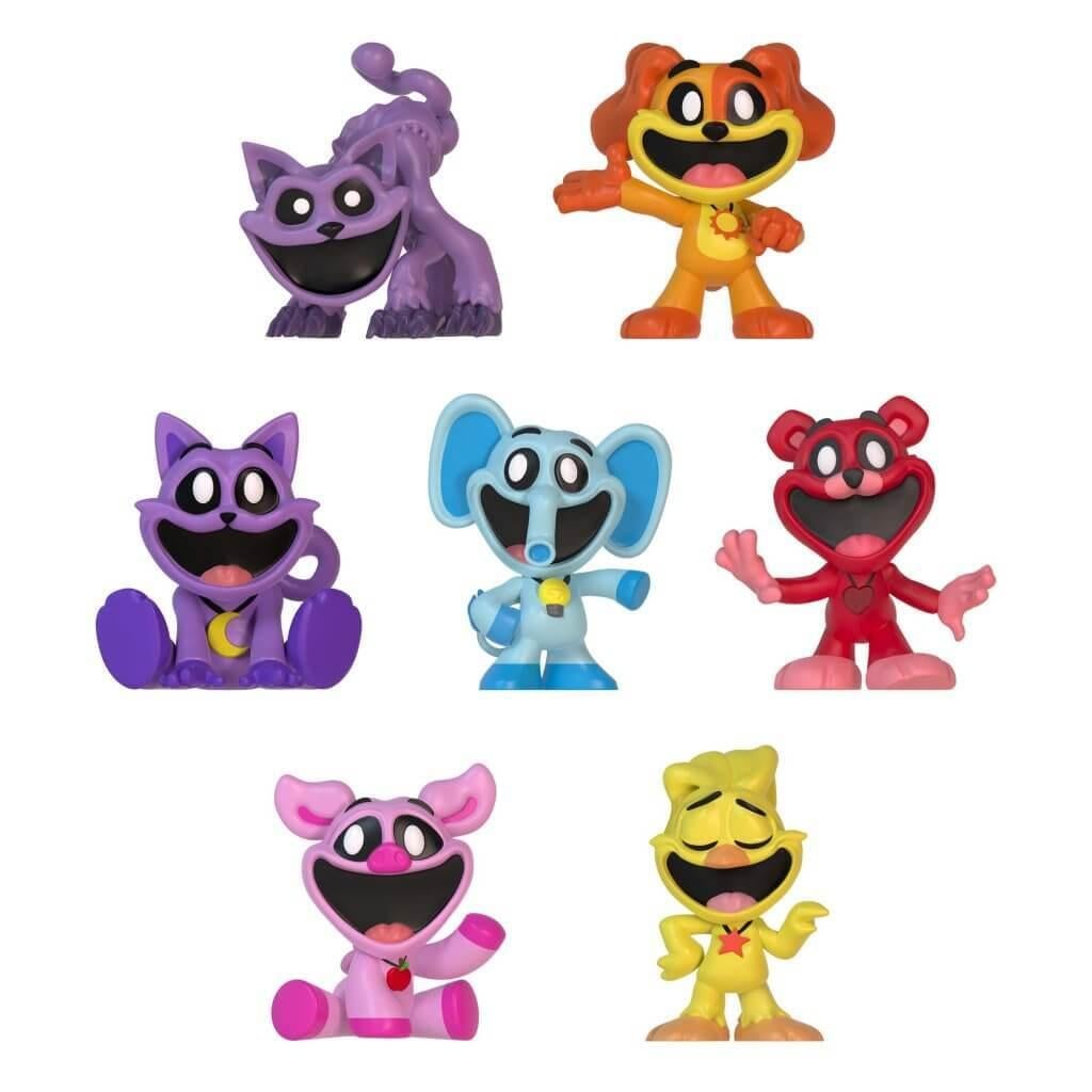 Seven colourful collectible vinyl figures of stylized, wide-smiling anthropomorphic animals against a white background