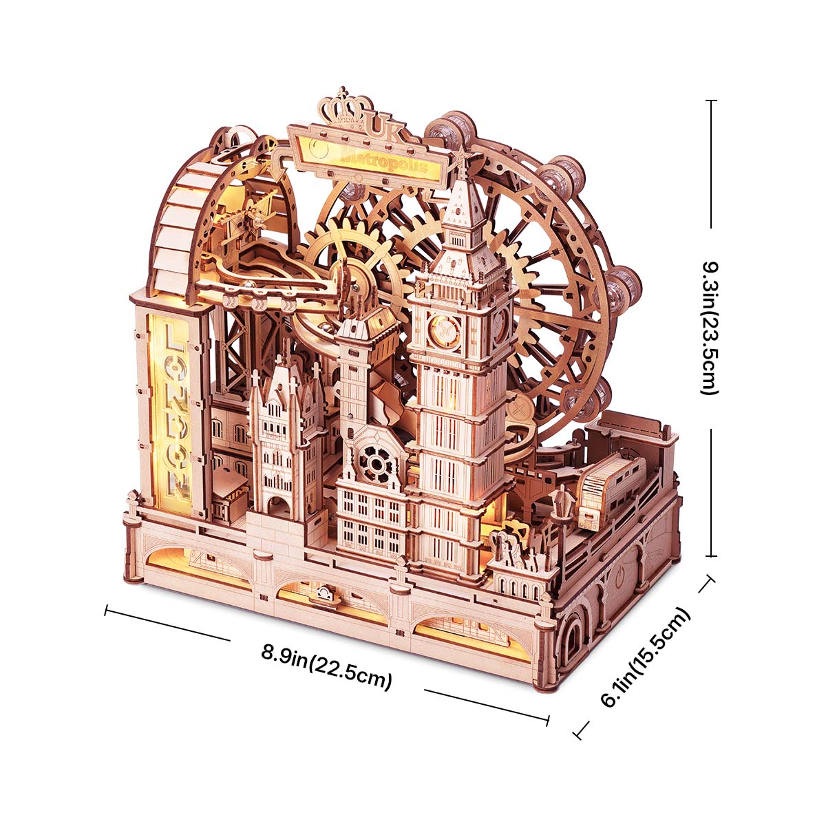3D wooden mechanical puzzle model of a London cityscape with Big Ben, a Ferris wheel, and gears