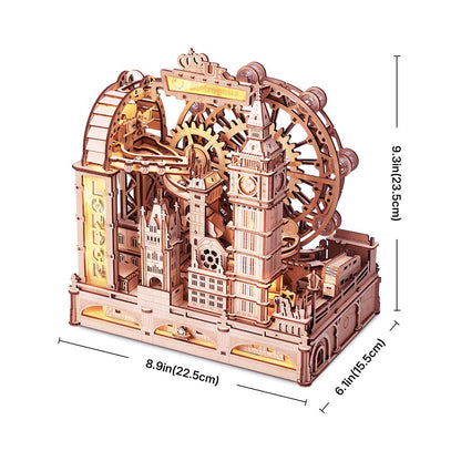 3D wooden mechanical puzzle model of a London cityscape with Big Ben, a Ferris wheel, and gears
