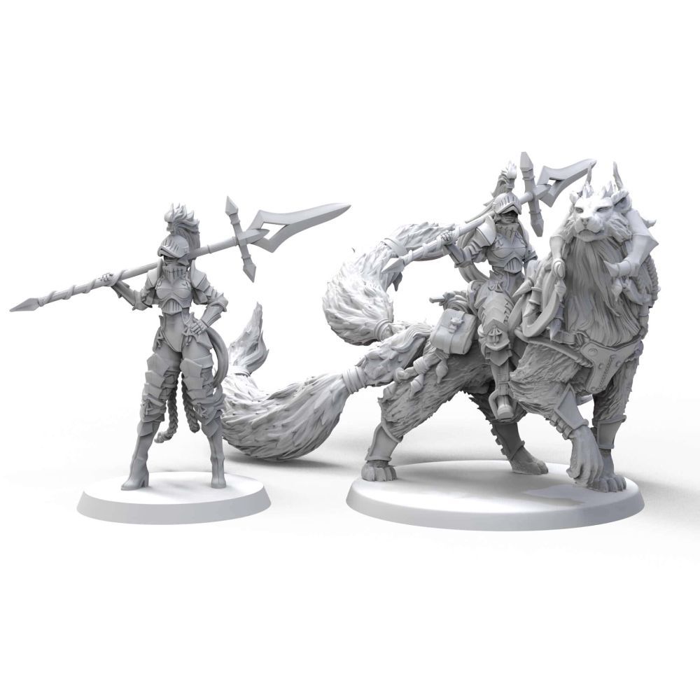 Two unpainted grey fantasy miniatures: an armored knight holding a spear, and another knight riding a large armored wolf with a spear