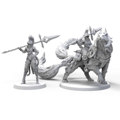 Two unpainted grey fantasy miniatures: an armored knight holding a spear, and another knight riding a large armored wolf with a spear
