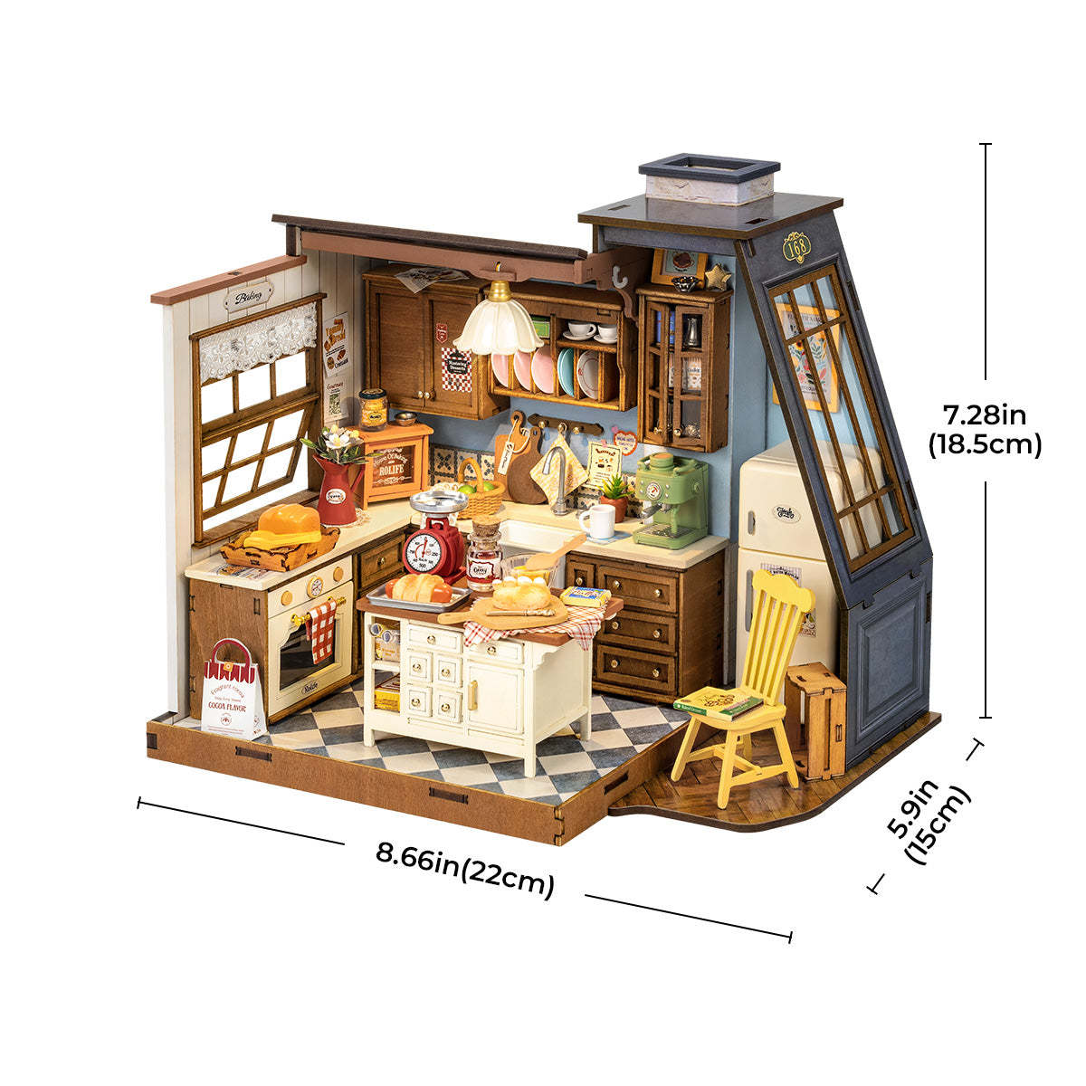Detailed miniature DIY kitchen room box featuring an island, oven, and tiny food, with dimensions labeled
